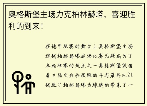 奥格斯堡主场力克柏林赫塔，喜迎胜利的到来！